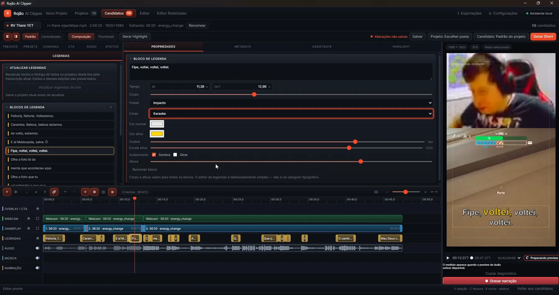 Editor do Rojão AI Clipper: sequência de trechos à esquerda, propriedades de legenda ao centro, preview vertical à direita e linha do tempo com faixas de webcam, gameplay, legendas, áudio, música e narração.